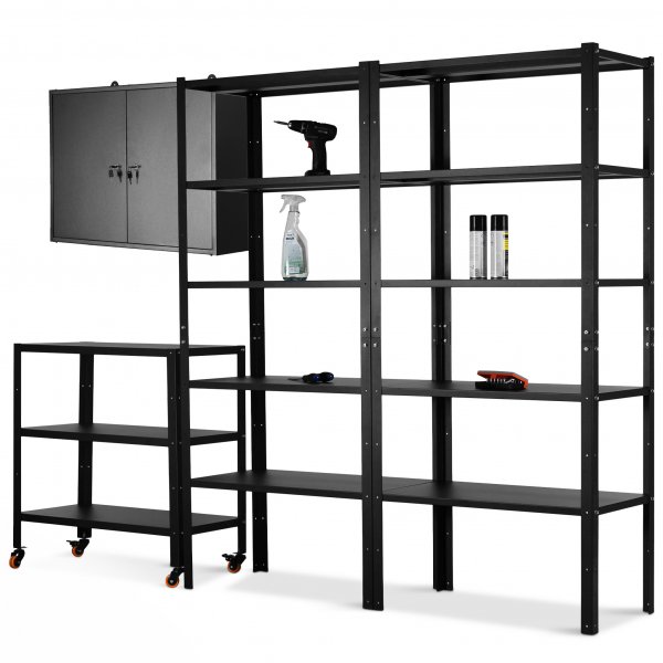 Lagerhylla med skåp och rullvagn Lagerhylla med skåp och rullvagn