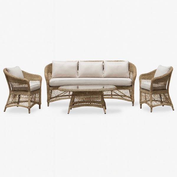 Loungegrupp i naturf�rgad konstrotting | 4-delad med soffa, f�t�ljer & bord | �ngs�