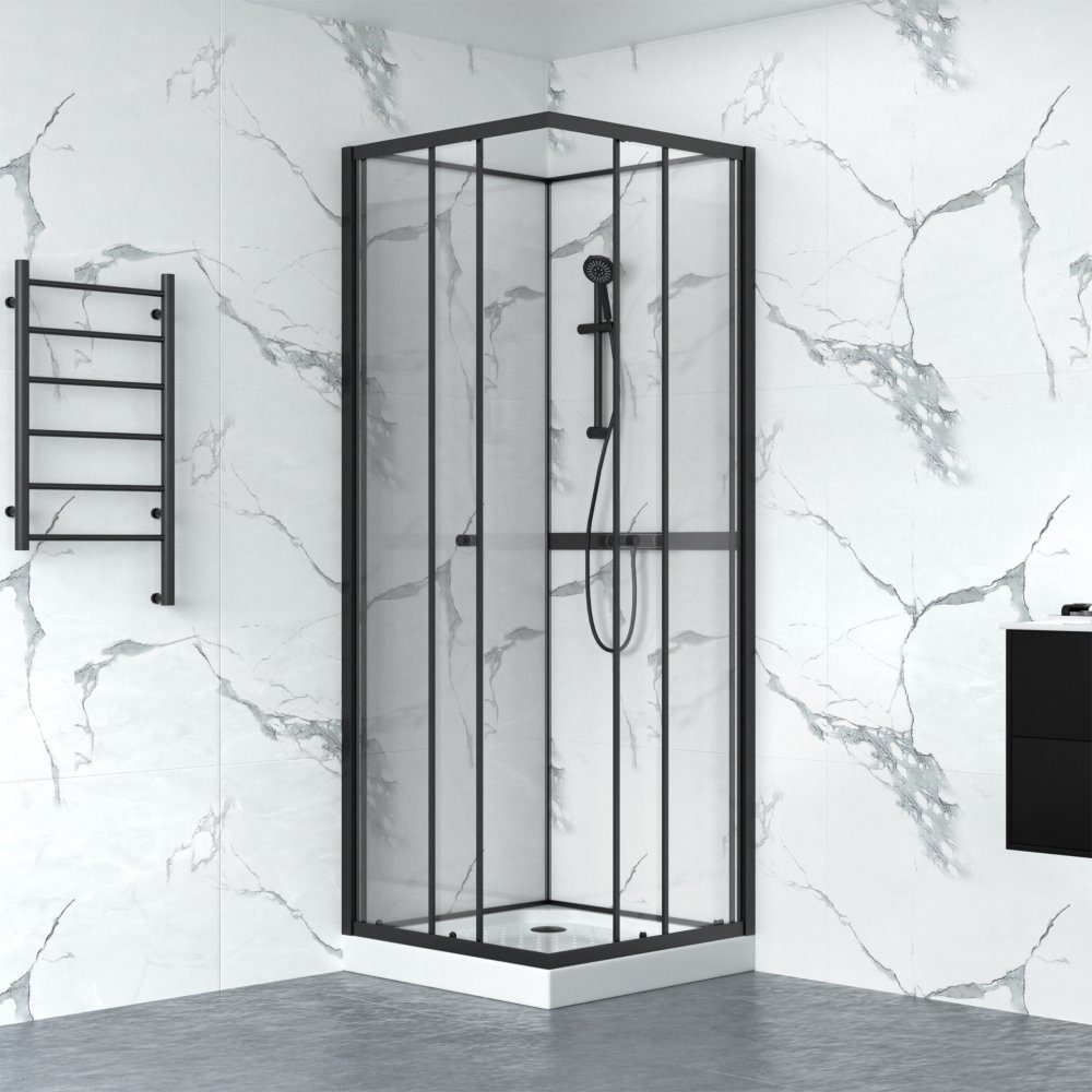 Duschkabin 90x90cm | Aluminium & säkerhetsglas | Svart ram | Komplett med blandare, handdusch och bottenventil