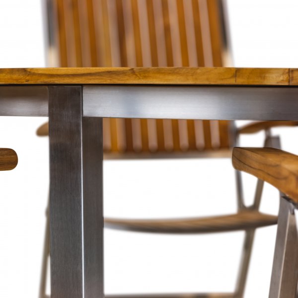 Rund trädgårdsgrupp i teak / rostfritt stål | Bord & 6 positionsstolar Rund trädgårdsgrupp i teak / rostfritt stål | Bord & 6 positionsstolar