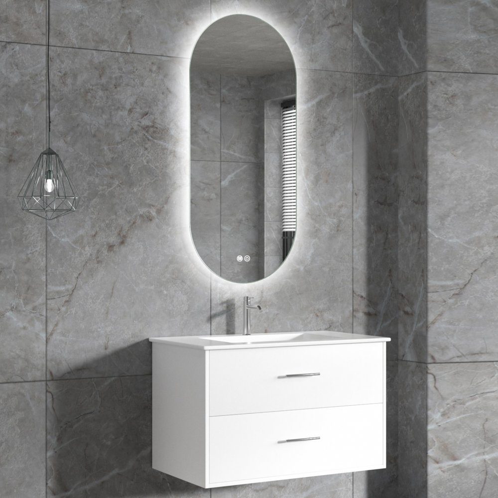 Badrumsmöbel | Oval LED-spegel | Kommod med blandare | Nimbo | 80 cm | Komplett möbelpaket