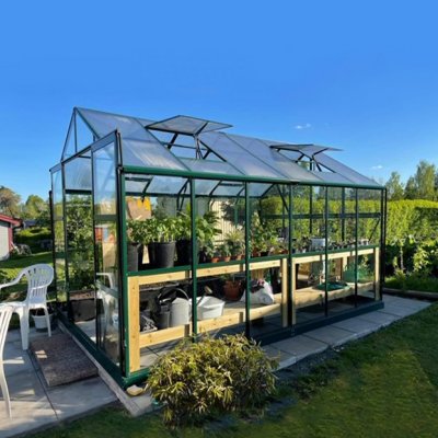 Glasväxthus 9,6 m2 | 4mm säkerhetsglas | 5 års stormgaranti | Grön | Yta: 9,6 m2 (3,72 x 2,57 m)