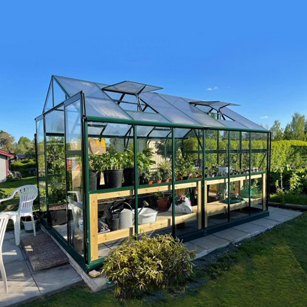 Glasväxthus 9,6 m2  4mm säkerhetsglas  5 års stormgaranti  Grön  Yta: 9,6 m2 (3,72 x 2,57 m)