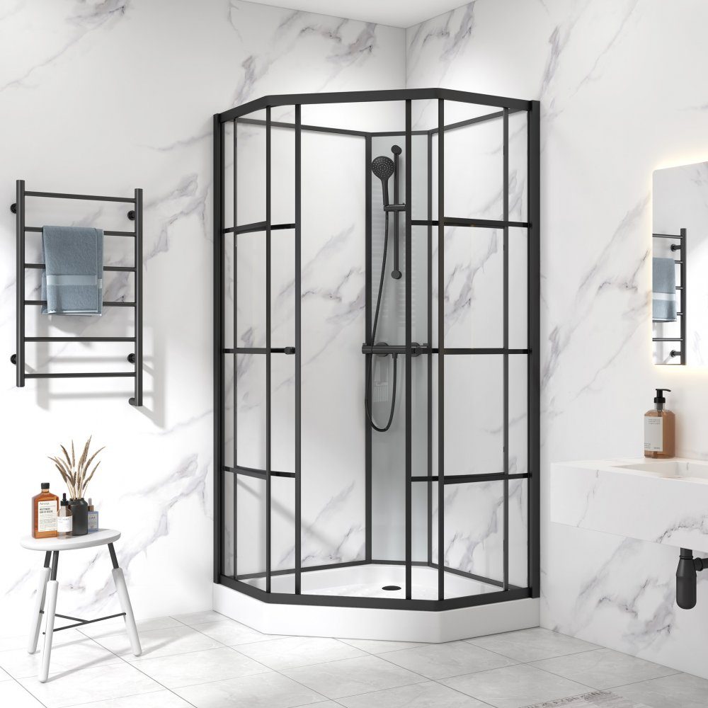 Komplett duschkabin 90x90x215cm | Sexkantig industriell design | Svart | Komplett med blandare, väggfäste, justerbar handdusch och bottenventil