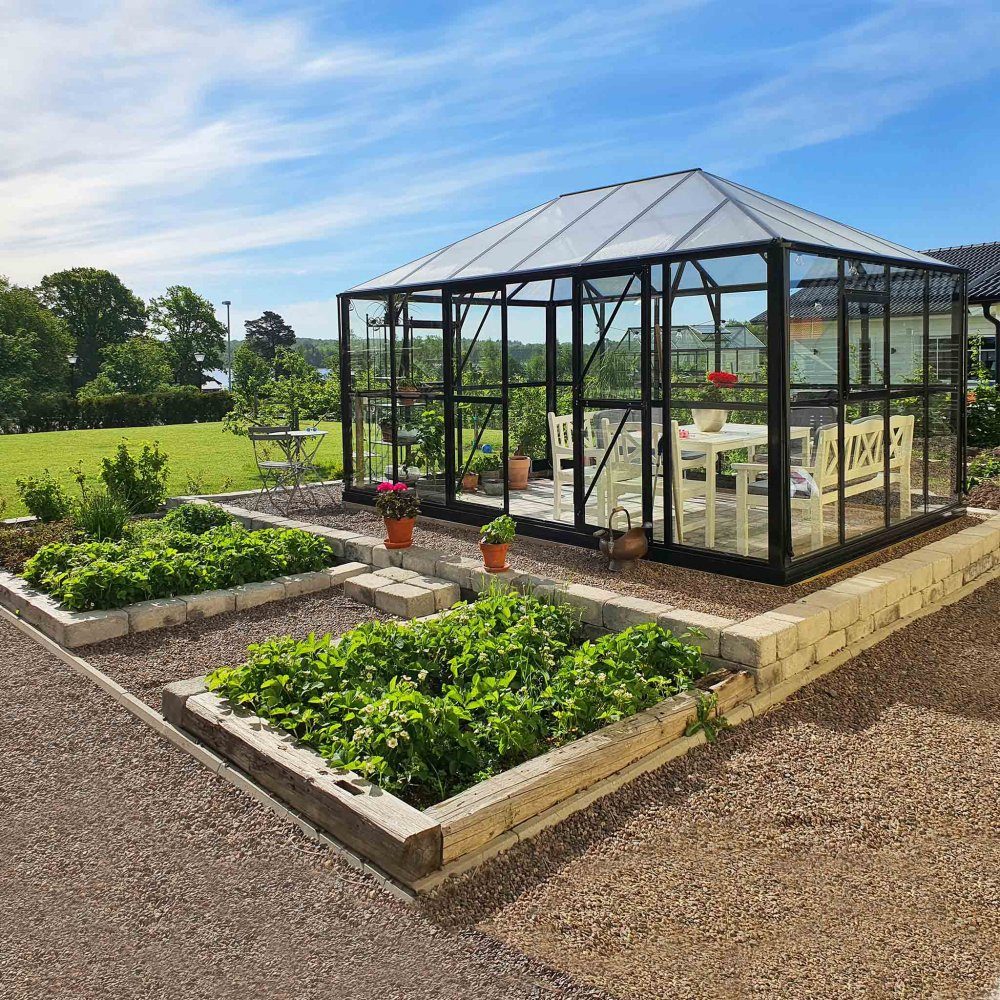Orangeri 12,9m2  Stort premiumväxthus  5 års stormgaranti  Svart  Gazebo  Yta: 13m2 (4,36 x 2,95 meter)
