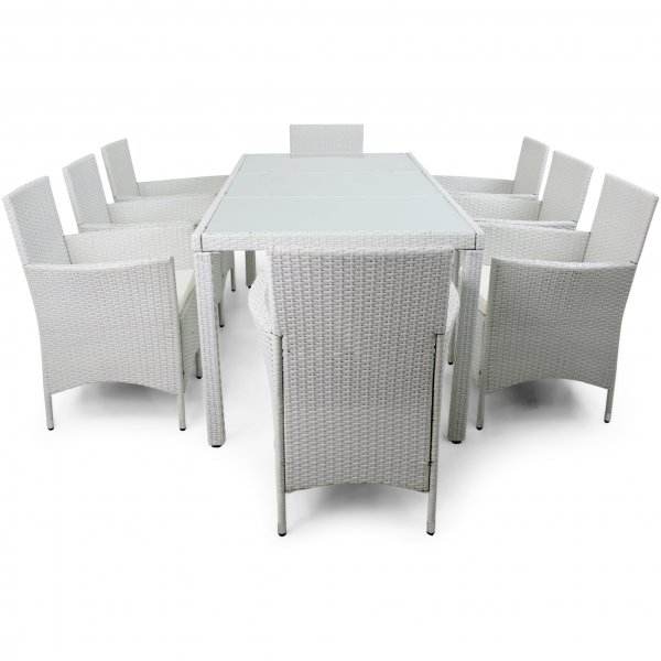 Utembler i vit konstrotting | Matgrupp med 8 stolar | Lyfco Lysekil