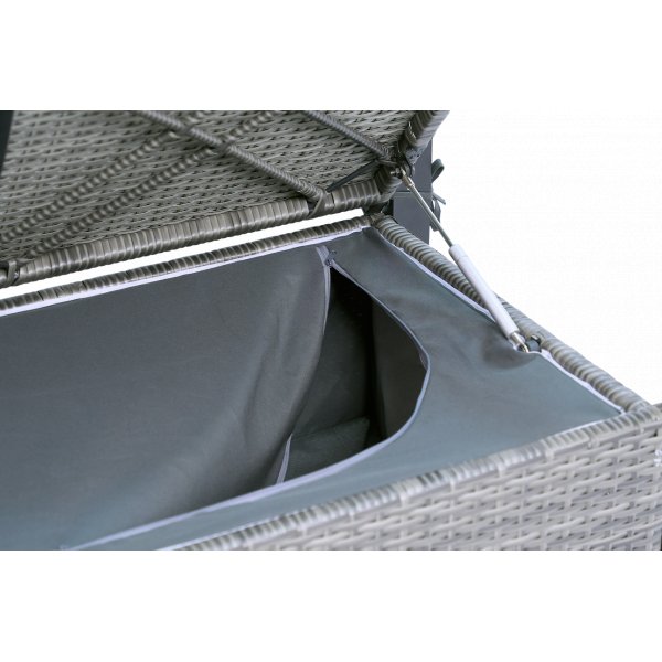 B�nk med dynf�rvaring 165 cm | Gr� konstrotting | Dynor ing�r | Boxvik