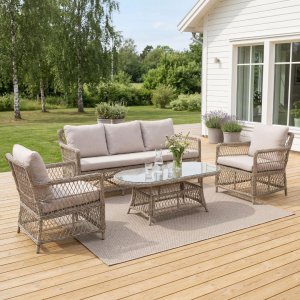 Loungegrupp i naturfärgad Rotting | Soffa, Fåtöljer & Bord i Aluminium | Vexa Loungegrupp i naturfärgad Rotting | Soffa, Fåtöljer & Bord i Aluminium | Vexa