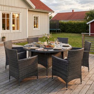 Rund matgrupp utem�bler | 6 stolar | Gr� | Lyfco Tyl�sand