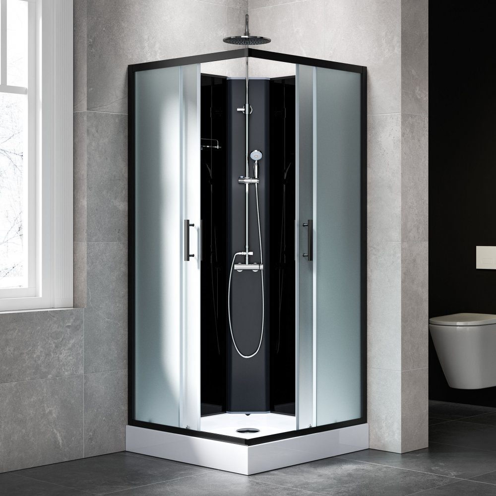 Komplett duschkabin 90x90cm | Regndusch | Svart | Aluminium, akryl, glas | Stilren duschkabin i modern design