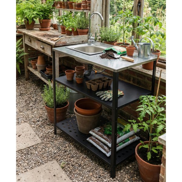 Tv�ttst�ll i galvaniserat st�l med handfat & kran | Utomhus | 80�50�90 cm