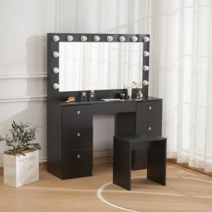 Sminkbord med LED-spegel | 14 lampor, 7 ldor & kristallhandtag | Svart