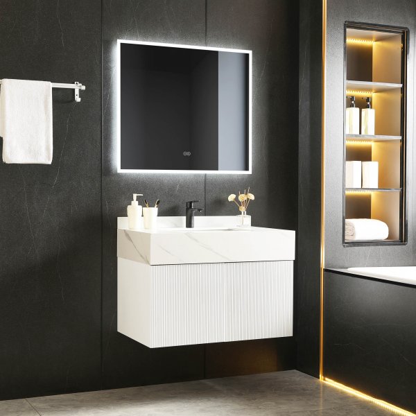 Badrumspaket | Tålig sintrad sten | LED-spegel | Cirrus White Badrumspaket | Tålig sintrad sten | LED-spegel | Cirrus White