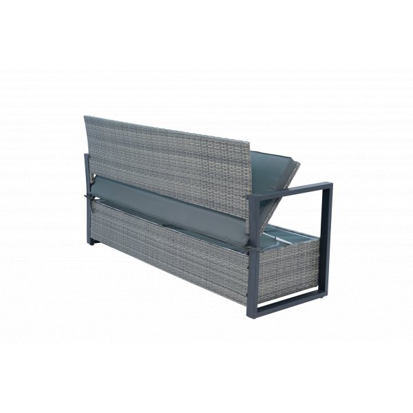 B�nk med dynf�rvaring 165 cm | Gr� konstrotting | Dynor ing�r | Boxvik