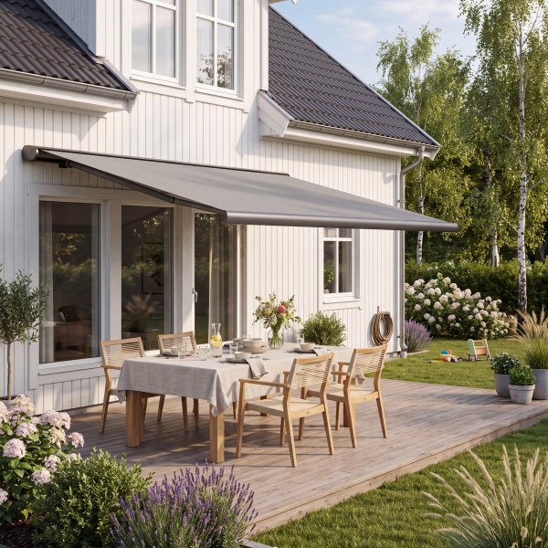 Terrassmarkis helkassett 4x3m | Motor & fj�rrkontroll | Ljus gr�