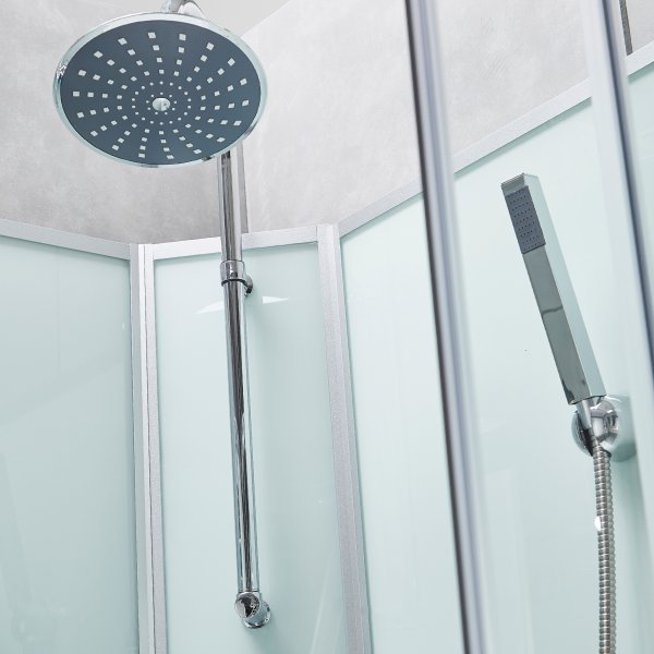 Stilren duschkabin med akrylkar och ryggmassage