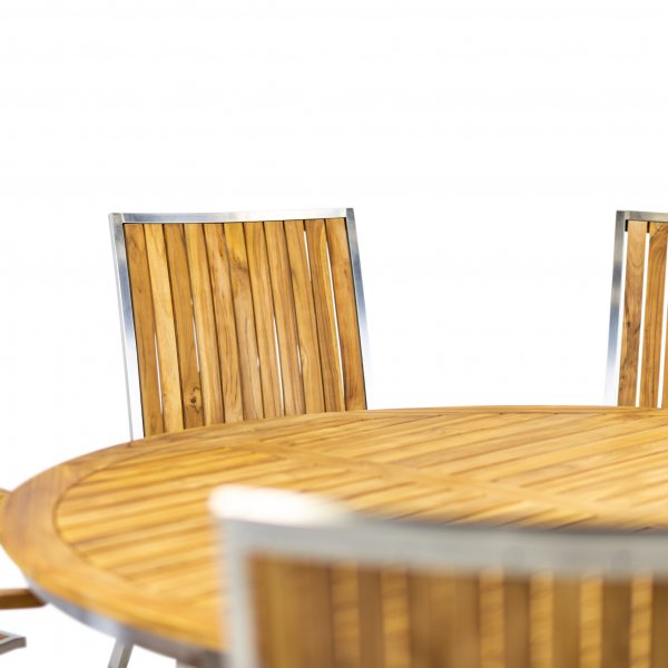 Stor rund tr�dg�rdsgrupp i teak / rostfritt st�l | Bord & 8 positionsstolar