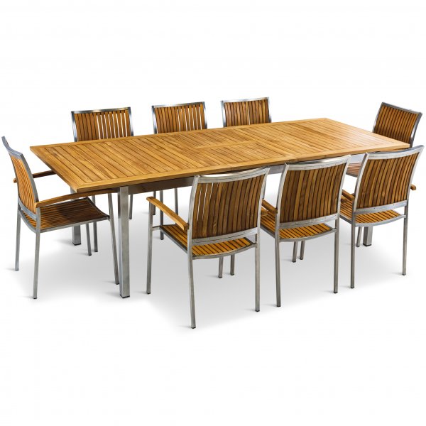 Frlngningsbart bord 200-250cm | 8 stolar | Rostfritt stl / teak