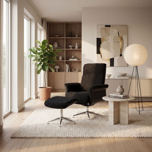 Hag�n f�t�lj med fotpall | Antracit teddy, recliner & snurrstativ | Lyxig komfort och modern design