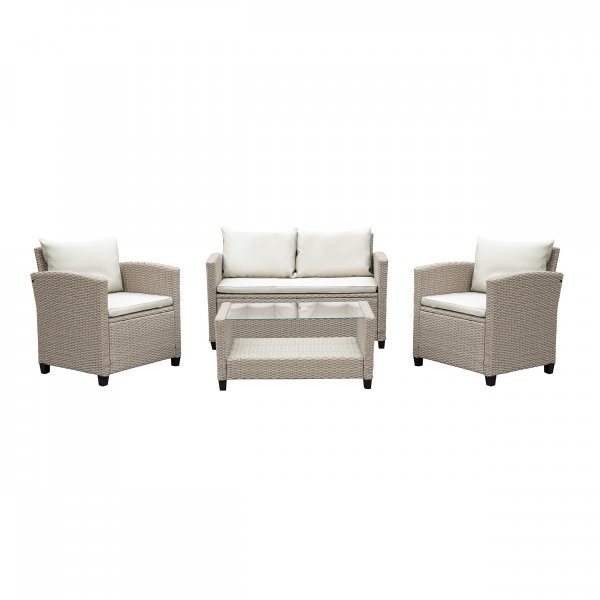 Exklusiv Loungegrupp | H�rnsoffa med bord | Beige/Gr� konstrotting | Stockholm