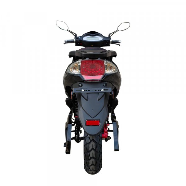Elmoped 2000W | 72V 20Ah litiumbatteri | Upp till 45 km/h | Moped klass I | Rckvidd 50 km | Svart med rda detaljer