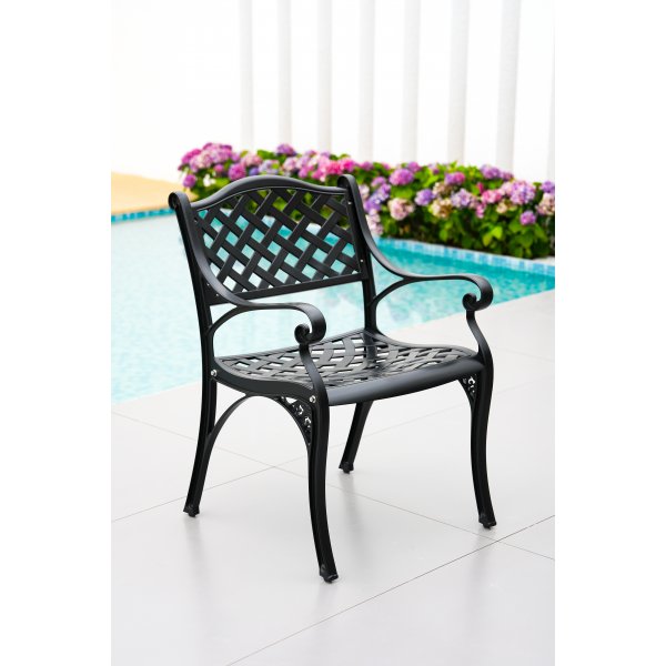 Rund matgrupp i aluminium f�r utomhusbruk | �130 cm | 6 stolar | Svart