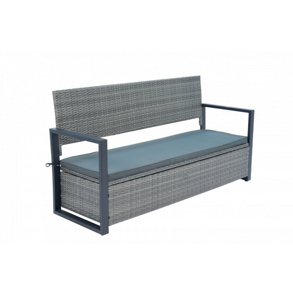 B�nk med dynf�rvaring 165 cm | Gr� konstrotting | Dynor ing�r | Boxvik