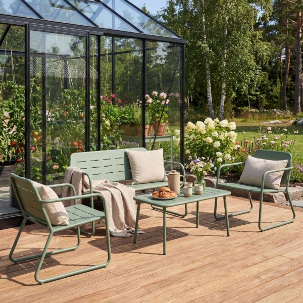 Loungegrupp i olivgr�nt st�l | Soffa, stolar & bord | 4-delat set