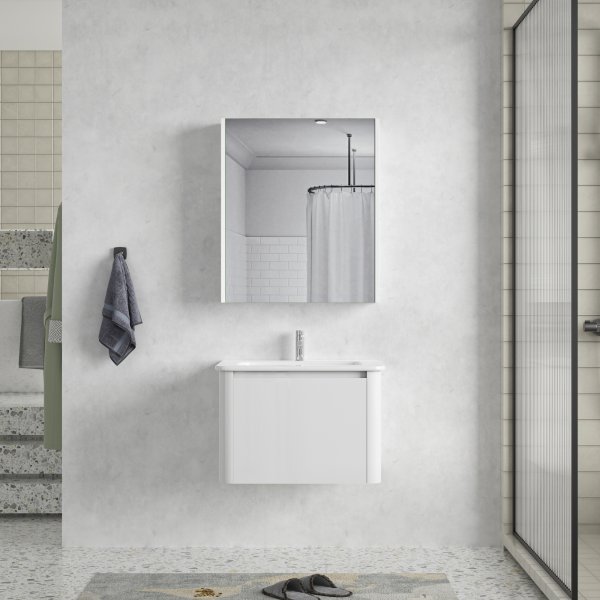 Badrumspaket 60 cm – Kommod & keramiskt tvättställ med spegelskåp | Mjukstängning | Vit Badrumspaket 60 cm – Kommod & keramiskt tvättställ med spegelskåp | Mjukstängning | Vit