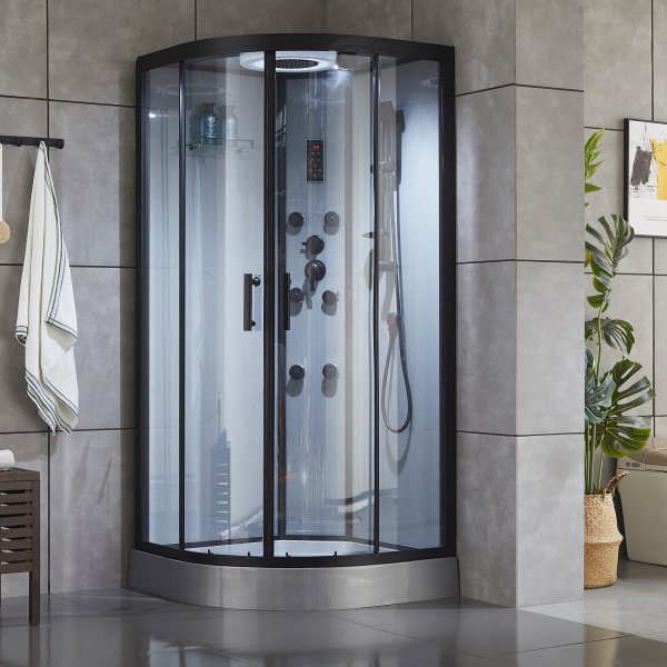 Lyxigt rundad duschkabin med massage, belysning, bluetooth - Gr�