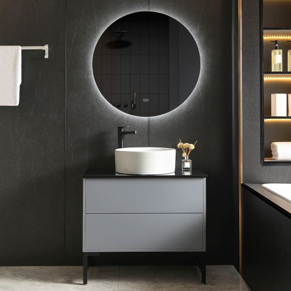 Badrumsmbel 80cm | Svart glasbnkskiva | LED-spegel | Cavum