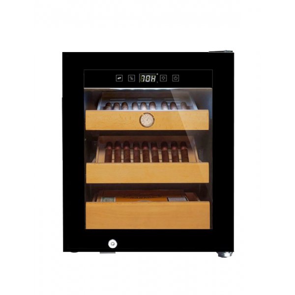 Cigarrhumidor 34L | Premium elektrisk humidor med kompressorkylning | 3 boktrshyllor & UV-skyddad glasdrr