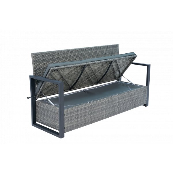 B�nk med dynf�rvaring 165 cm | Gr� konstrotting | Dynor ing�r | Boxvik