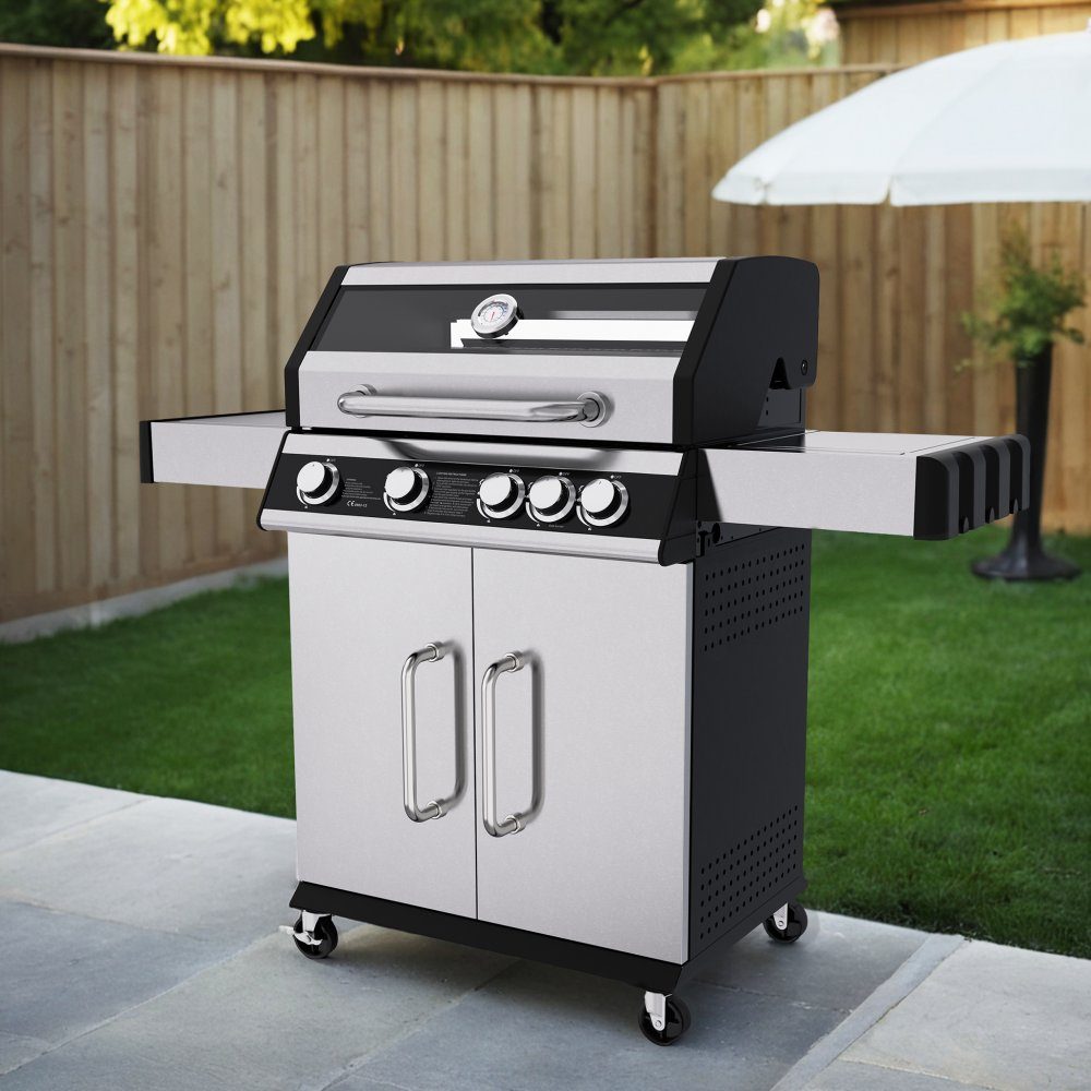 Rostfri gasolgrill med sidobrännare | Lock med glasfönster | Kansas | Ny modell för 2024!