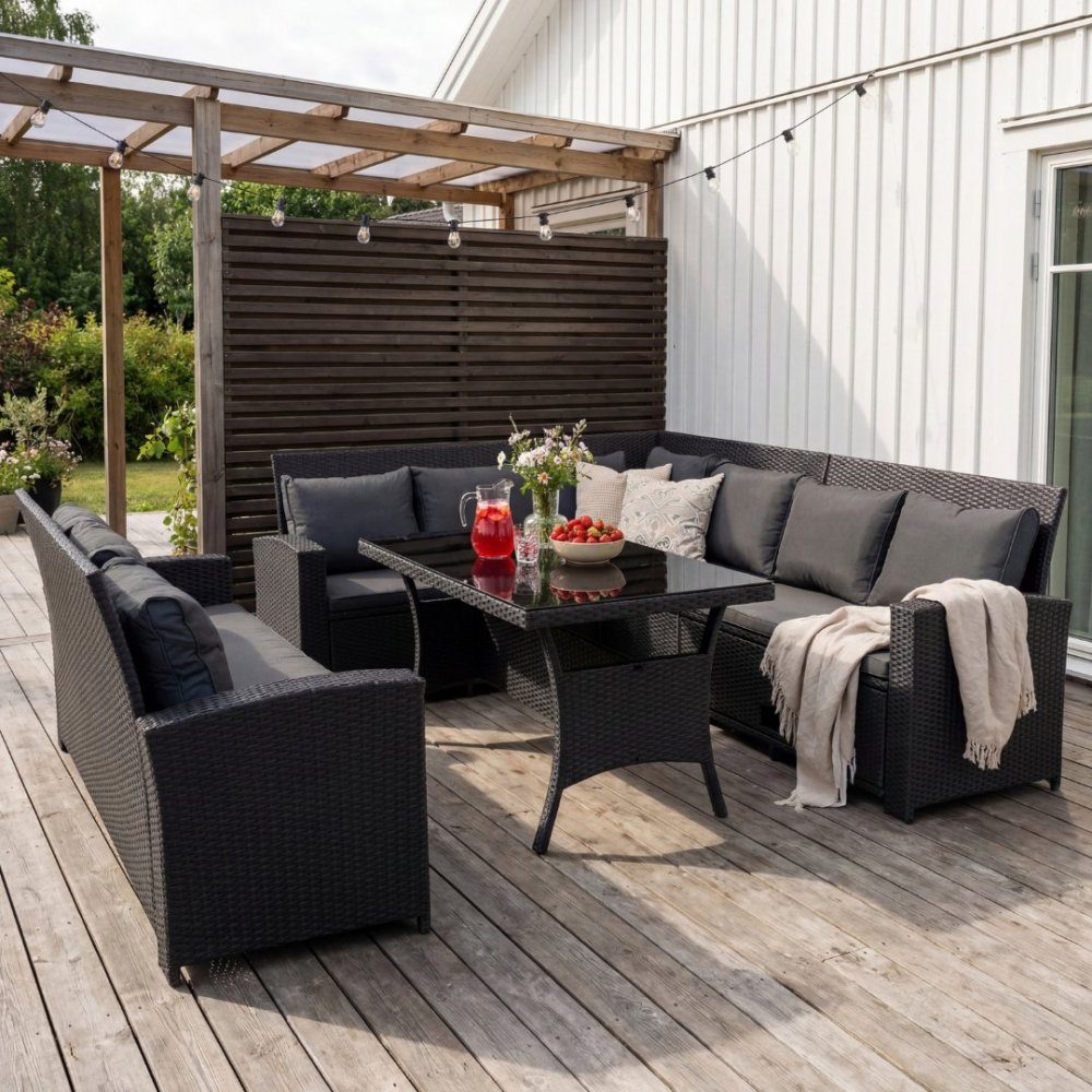 Soffgrupp utemöbler | Inbyggd förvaring | Lyfco Sannäs | Loungeset utemöbler i handvävd konstrotting