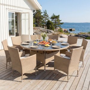 Rund matgrupp 8 stolar i beige – Tylösand Rund matgrupp 8 stolar i beige – Tylösand