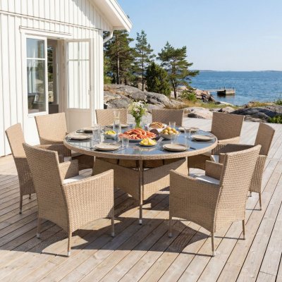 Matgrupp med 8 platser | Runt bord Ø170 cm & 8 stolar med dynor | Tylösand Beige