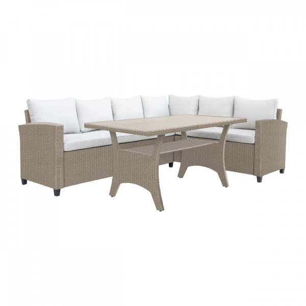 Loungegrupp h�rnsoffa med bord beige � modern utegrupp i konstrotting | Stenvik