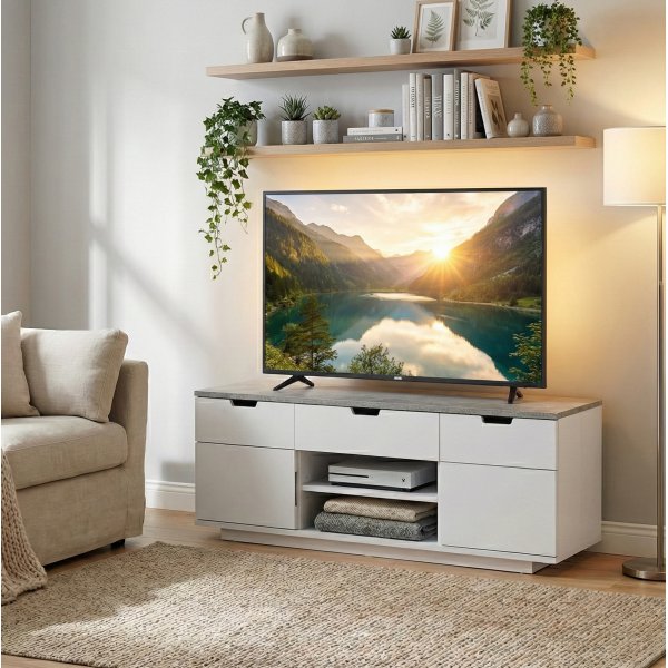 TV-b�nk med rymlig f�rvaring | Vit/gr� | Malte