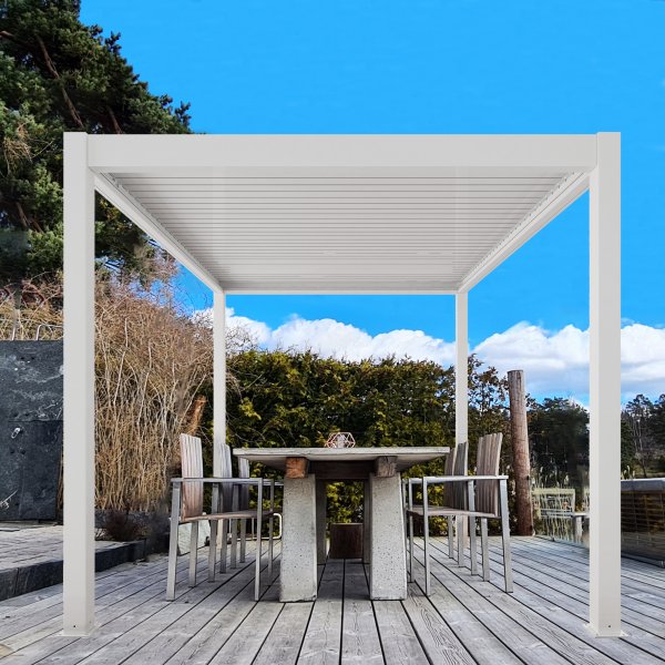 Motordriven Pergola 4x3m | Aluminium | Inbyggd LED belysning | Vit