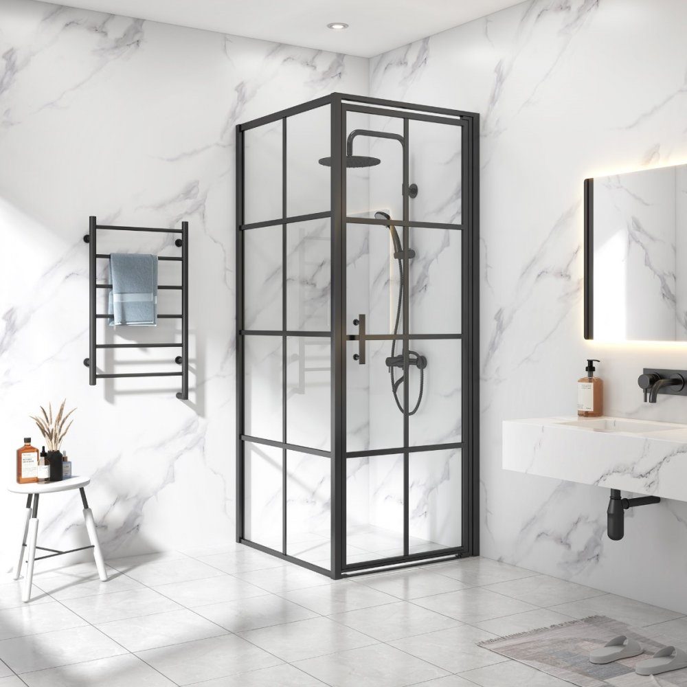Duschhörna 90x90x200cm | 6mm säkerhetsglas | Svarta profiler | Duschhörna med raka dörrar