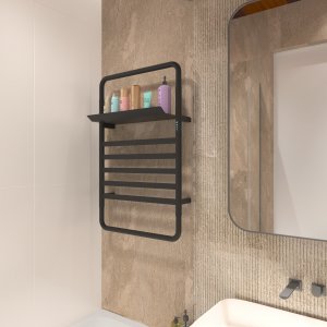 Svart handdukstork med timer och hylla | 600x900 mm | Stilren elmodell Svart handdukstork med timer och hylla | 600x900 mm | Stilren elmodell