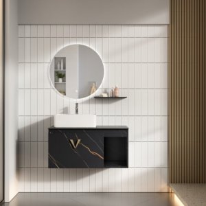 Luxe Badrumspaket 80 cm – Skifferbänkskiva, keramiskt tvättställ & LED-spegel | Mjukstängning Luxe Badrumspaket 80 cm – Skifferbänkskiva, keramiskt tvättställ & LED-spegel | Mjukstängning