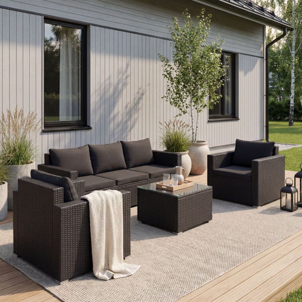 Loungegrupp utemöbler | Svart konstrotting | Huvudskär | Loungeset utemöbler i handvävd konstrotting