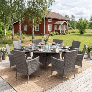 Matgrupp med 8 platser | Runt bord �170 cm & 8 stolar med dynor | Tyl�sand gr�