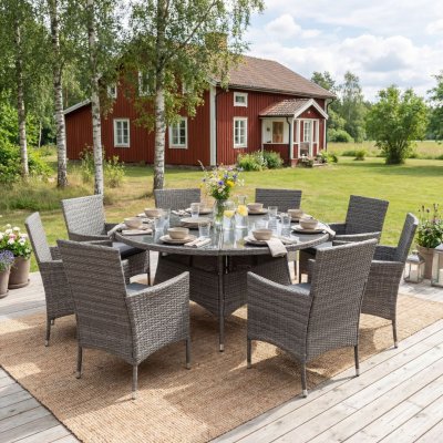 Matgrupp med 8 platser | Runt bord Ø170 cm & 8 stolar med dynor | Tylösand Grå