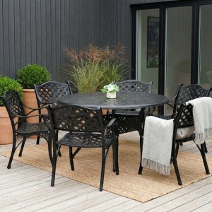 Rund matgrupp i aluminium för utomhusbruk | Ø130 cm | 6 stolar | Svart Rund matgrupp i aluminium för utomhusbruk | Ø130 cm | 6 stolar | Svart