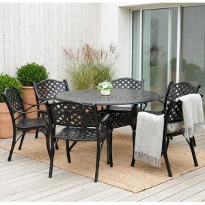 Rund matgrupp i aluminium f�r utomhusbruk | �130 cm | 6 stolar | Svart