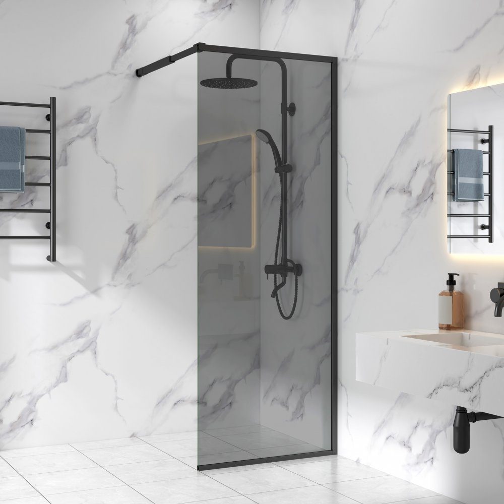 Duschvägg 80x210cm | Svarttonat säkerhetsglas | Evelyn | Svart | Fast duschvägg med 6 mm tjockt säkerhetsglas