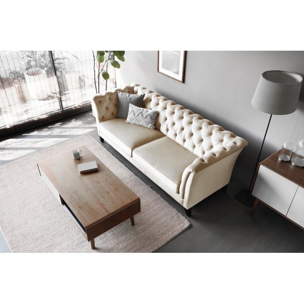 Chesterfieldsoffa 3-sits | Beige sammet, kallskum & avtagbar kl�dsel | Milton